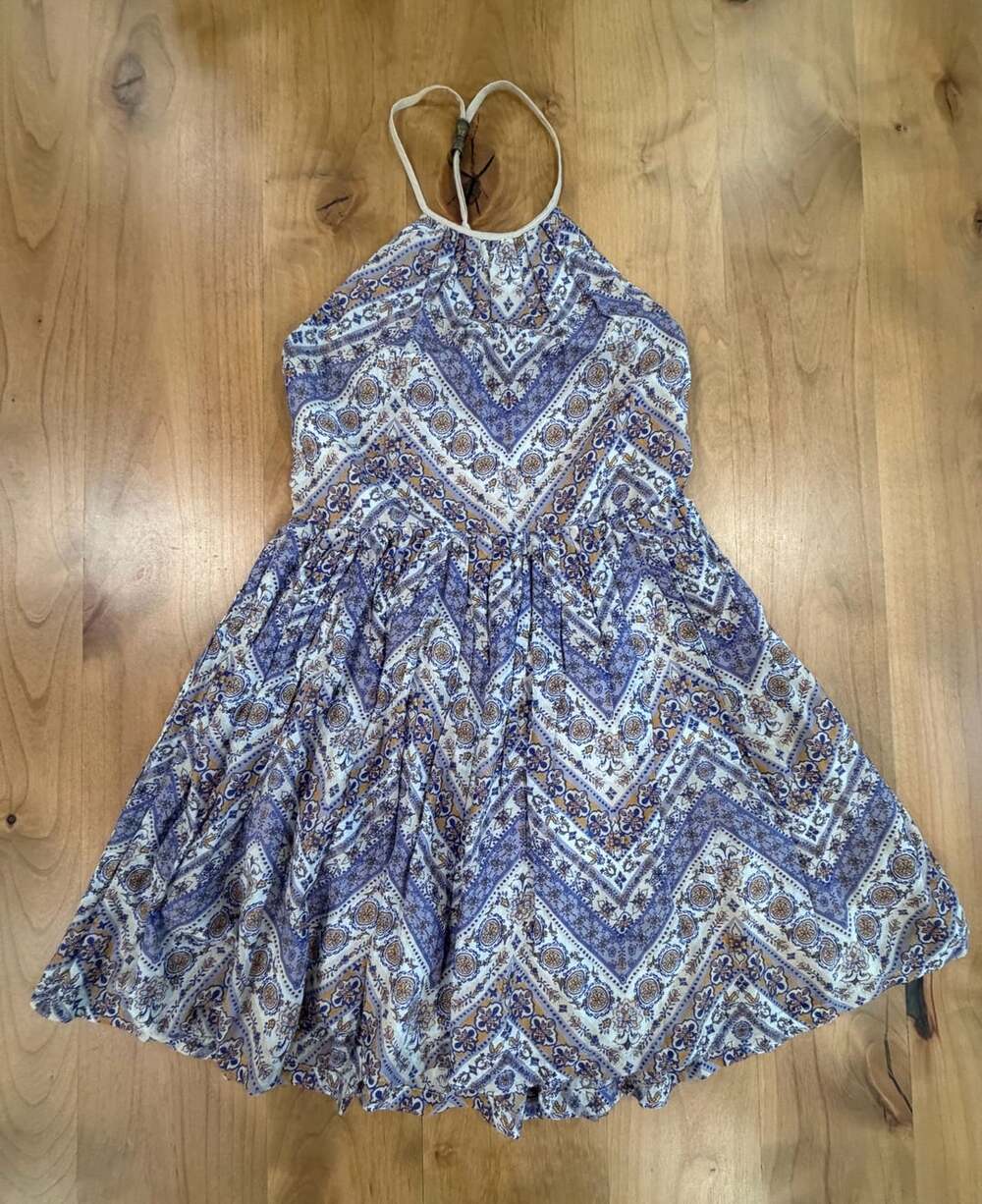 Ecote Urban Outfitters Blue and Tan Patterned Halter Mini Dress size 6